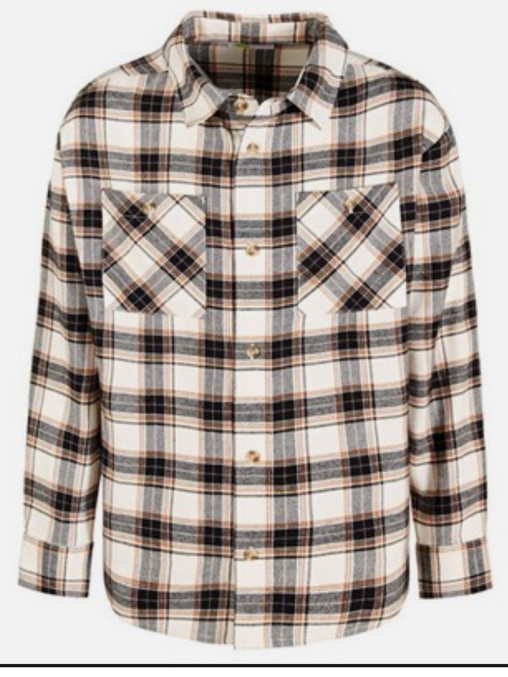 New! Boys Cream and Black Plaid Flannel Button-Up Shirt Size XS (5/6)